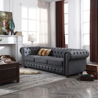 NINEDIN DARK GREY Faux Leather Round Arm Sofa with Wood Legs and Metal Frame