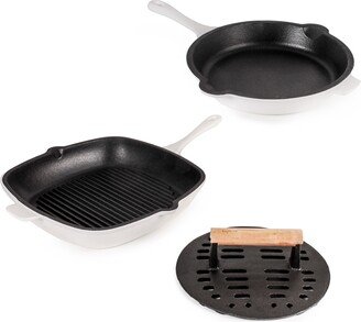 Neo Cast Iron Fry Pan, Grill Pan and Slotted Steak Press, Set of 3