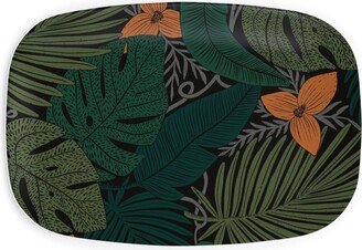 Serving Platters: Moody Tropical Floral - Orange On Black Serving Platter, Green