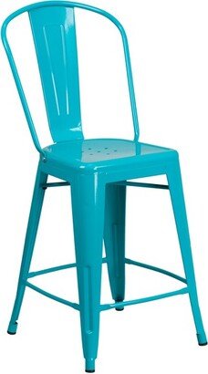 Commercial Grade 24 High Crystal Teal-Blue Metal Indoor-Outdoor Counter Height Stool with Back