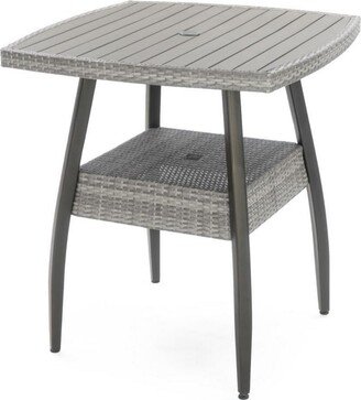 Max 38 Inch Outdoor Bar Table, Gray Faux Wood Frame, Woven Resin Wicker - 38L x 38W x 42H, in inches