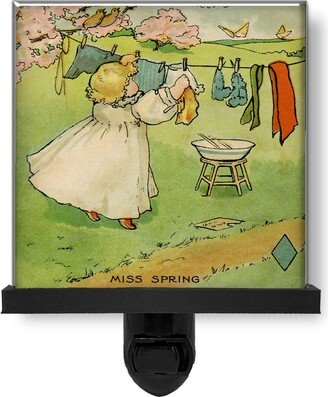 Cute Miss Spring Vintage Style Girl Hanging Laundry Glass Photo Night Light, Decorative Lights