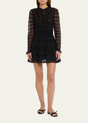 Elio Smocked-Waist Tiered Lace Mini Dress