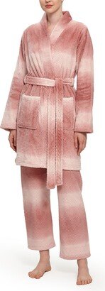 Women's Ombre Mini Dobby Printed Shiny Velvet Loft Kimono Robe and Pant Set, 2 Piece