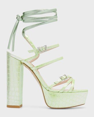 Venus Croco Strappy Ankle-Tie Platform Sandals