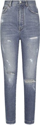 Blue Distressed Slim-Leg Jeans-AB