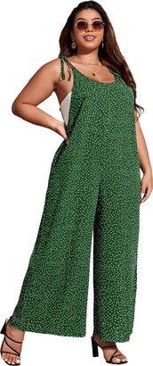 MakeMeChic Women's Plus Size Polka Dots Tie Shoulder Summer Cami Jumpsuit with Pockets Green 1XL