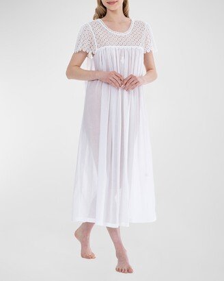 Celestine Louise Lace-Yoke Ruched Cotton Nightgown