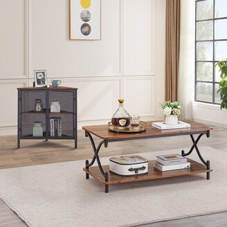 VECELO 2-Piece Coffee Table Set Sofa Table and Corner Side Table with Metal Mesh Doors