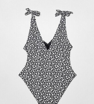 The Frolic Maternity plunge swimsuit in black & white floral ditsy print