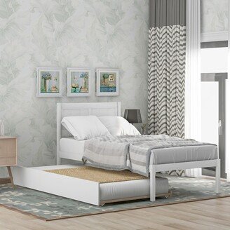 Tiramisubest Wooden Twin Size Platform Bed with Trundle and Headboard, Trundle Bed