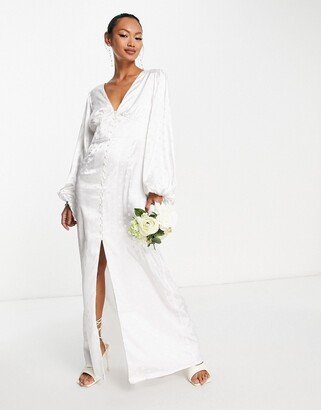 Bridal jacquard dot maxi dress with button front in white