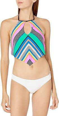 Women's High Neck Keyhole Halter Hipster Bikini Swimsuit Top (Multi/Santa Cruz Stripe) Women's Swimwear