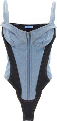 Denim Bodysuit Featuring Stretch Inserts