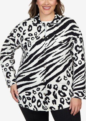 Ruby Rd. Plus Size Animal Print Shacket Sweater - Ivory, Black