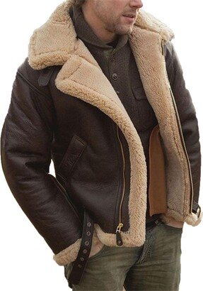 MANYMANY Men's Sheepskin Shearling Leather Jacket Men Faux Fur Brown Bomber Flying Jacket Lapel Fur Leather Jacket