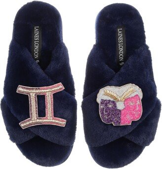 Laines London Classic Laines Slippers With Gemini Star Sign Brooches - Navy