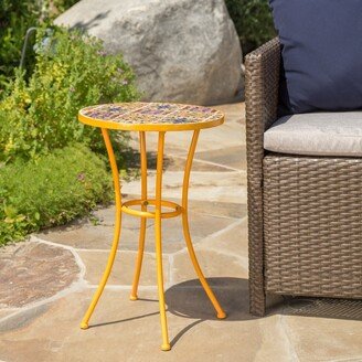 Barnsfield Outdoor Round Ceramic Tile Side Table with Iron Frame