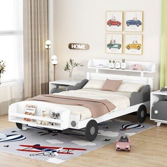 Aoolive Twin Size Car-Shaped Platform Bed, Kids' Bed with Storage Shelf and Bookshelf, Funny Car Bed Twin Bed Frame