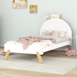 TOSWIN Cute White Curved Headboard Wooden Platform Bed with Hidden Shelf
