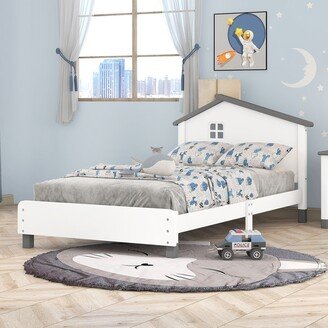 GEROJO White Twin Size Wood Platform Bed with House-shaped Headboard, Sturdy Pine Wood Construction, Easy Assembly