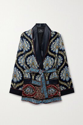 Belted Satin-trimmed Velvet-jacquard Cardigan - Blue