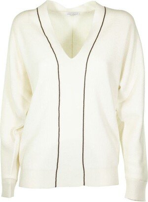 White V-neck Sweater Cashmere sweater with monili