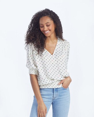 The Silky V-Neck Puff Sleeve Top - White Sand Dot