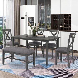 GEROJO Gray 6-Piece Wooden Dining Table Set with 4 Fabric Chairs and Bench, Seats for 6