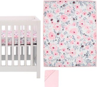 Blossom Pink Watercolor Floral 3-Piece Mini Crib Bedding Set