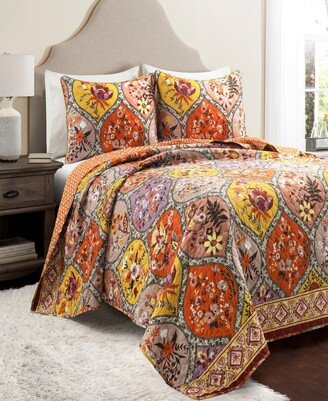 Bohemian Flower Reversible Oversized Cotton 3-Piece Quilt Set, Full/Queen