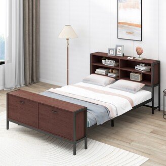 Nestfair Queen Size Metal Platform Bed with Storage Cabinets in the Headboard and Footboard