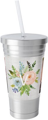 Travel Mugs: Monogram Floral Stainless Tumbler With Straw, 18Oz, Gray