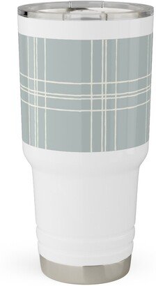 Travel Mugs: Lined Linens - Quad Plaid - Ivory, Blue Travel Tumbler, 30Oz, Blue