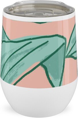 Travel Mugs: Lush Tropical Leaves - Pink And Mint Stainless Steel Travel Tumbler, 12Oz, Green