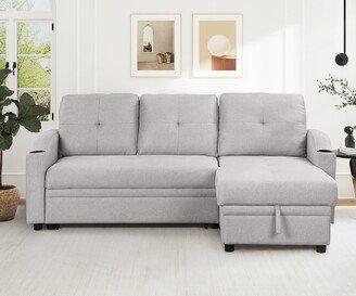 RASOO Linen Fabric 3-Seater Couch with Pull Out Sofa Bed & Storage Chaise