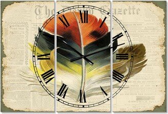 Designart Colorful Elegant Feather On Old Style Newspaper Iii Oversized Cottage 3 Panels Wall Clock - 38