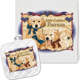 Golden Retriever Patriots Kitchen Dish Towel & Pot Holder Gift Set