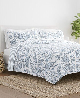 All Season 3 Piece Jacobean and Stripe Reversible Quilt Set, King/California King