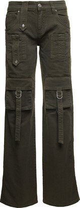 Military Green Cargo Jeans With Buckles And Branded Button In Stretch Cotton Denim Woman-AB