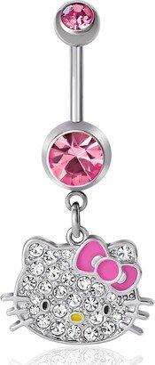 Sanrio 14G Stainless Steel (316L) Piercing Element Brass Dangle Belly Button Ring - Pink Crystal - Silver tone, pink