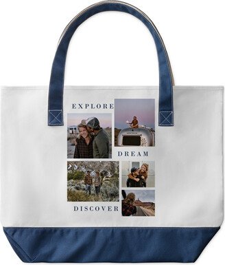 Large Tote Bags: Explore Dream Discover Large Tote, Navy, Photo Personalization, Large Tote, White