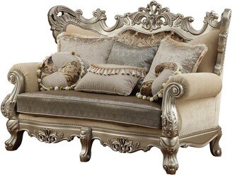 Traditional Style Wing Back Wooden Loveseat with Ornated Details, Gold and Beige