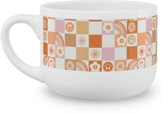 Mugs: Retro Checkerboard - Daisy, Smile, Happy - Pink Orange Latte Mug, White, 25Oz, Orange