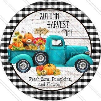 Autumn Harvest Sign - Blue Truck Fall Wreath Metal