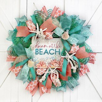 Living The Dream At Beach Coastal Wreath For Front Door With Starfish