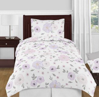 Lavender Purple Pink Grey White Shabby Chic Watercolor Floral Collection Girl 4-Piece Twin-size Comforter Set