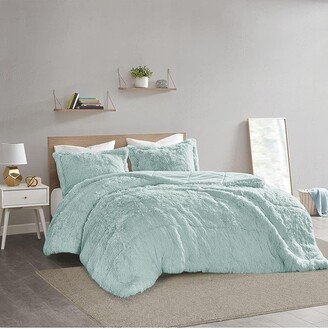 Gracie Mills Polyester Back Solid Shaggy Long Fur Comforter Set, Aqua - California King