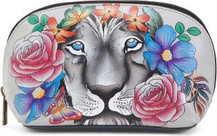 Hand Painted Leather Cosmetic Zip Pouch for Women