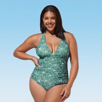 Women's Floral V-neck Shirred Tie Back Plus Size One Piece Swimsuit 0X-Green